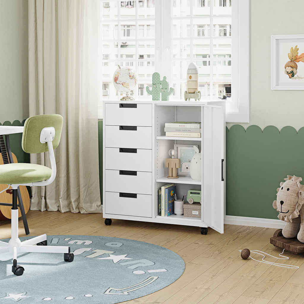 White 5 Drawer Storage Cabinet with Shelves and Door Y8068