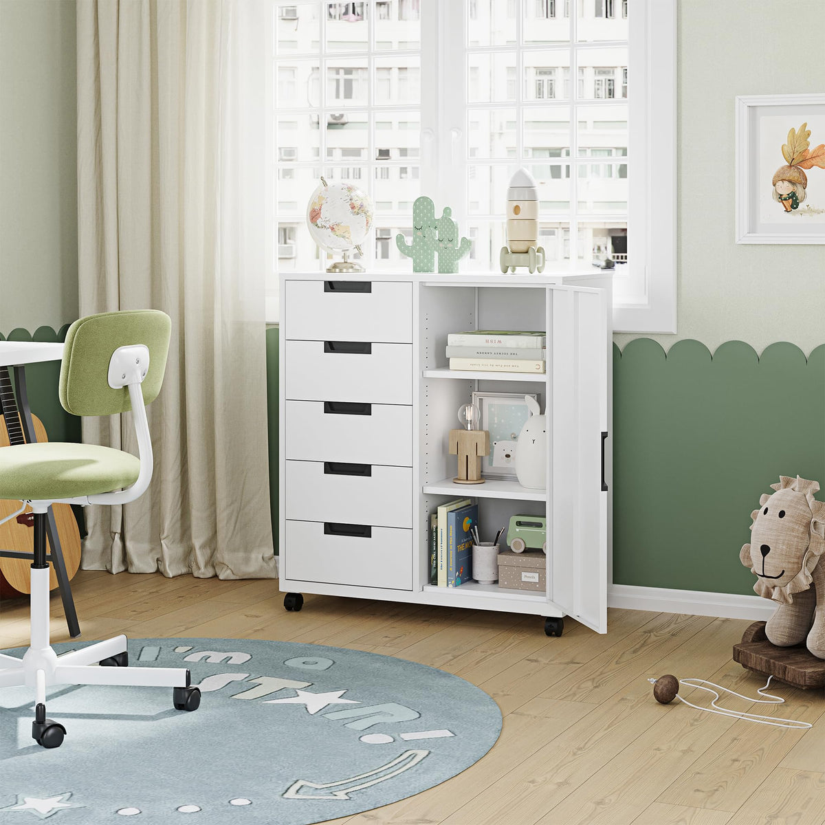 White 5 Drawer Storage Cabinet with Shelves and Door Y8068