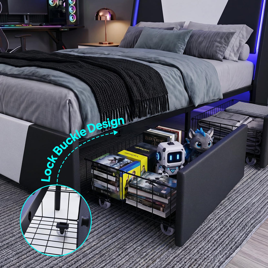 Full Size Bed Frame with Led Lights and 4 Storage Drawers W20882