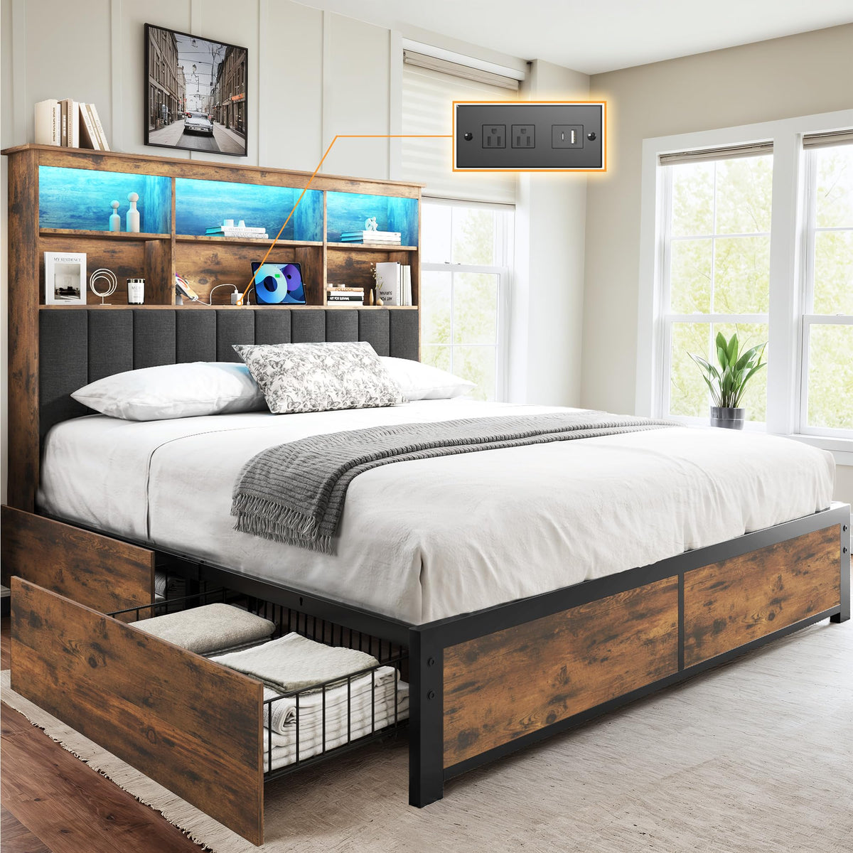 Queen Bed Frame with Headboard, Wood Bed Frame with Storage R31886