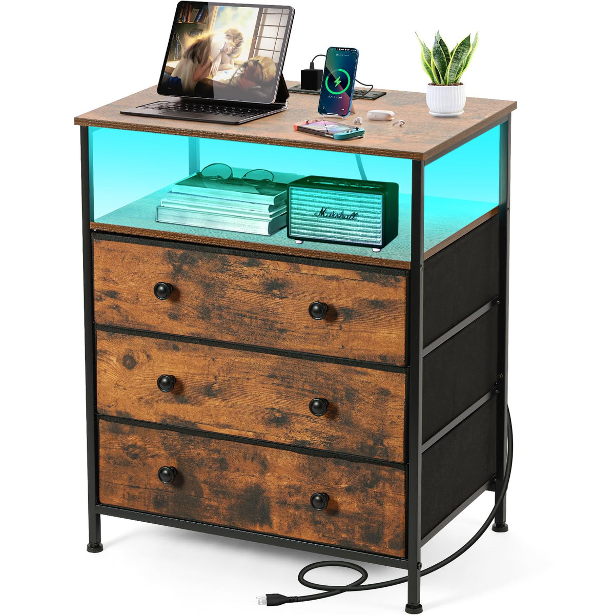 3-Drawer LED Nightstand with Charging Station A1030