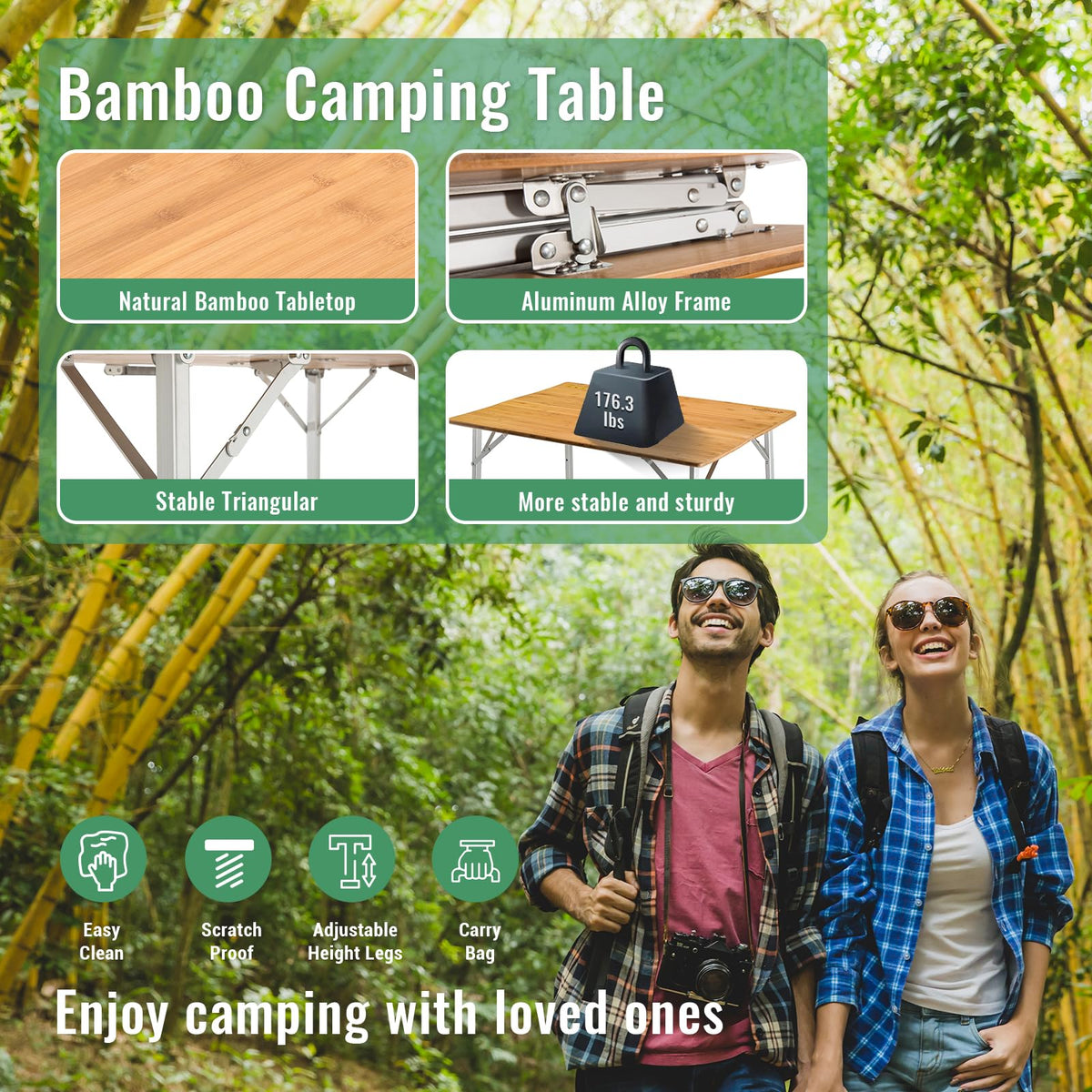 Folding Camping Table Bamboo Adjustable Portable Table E26070