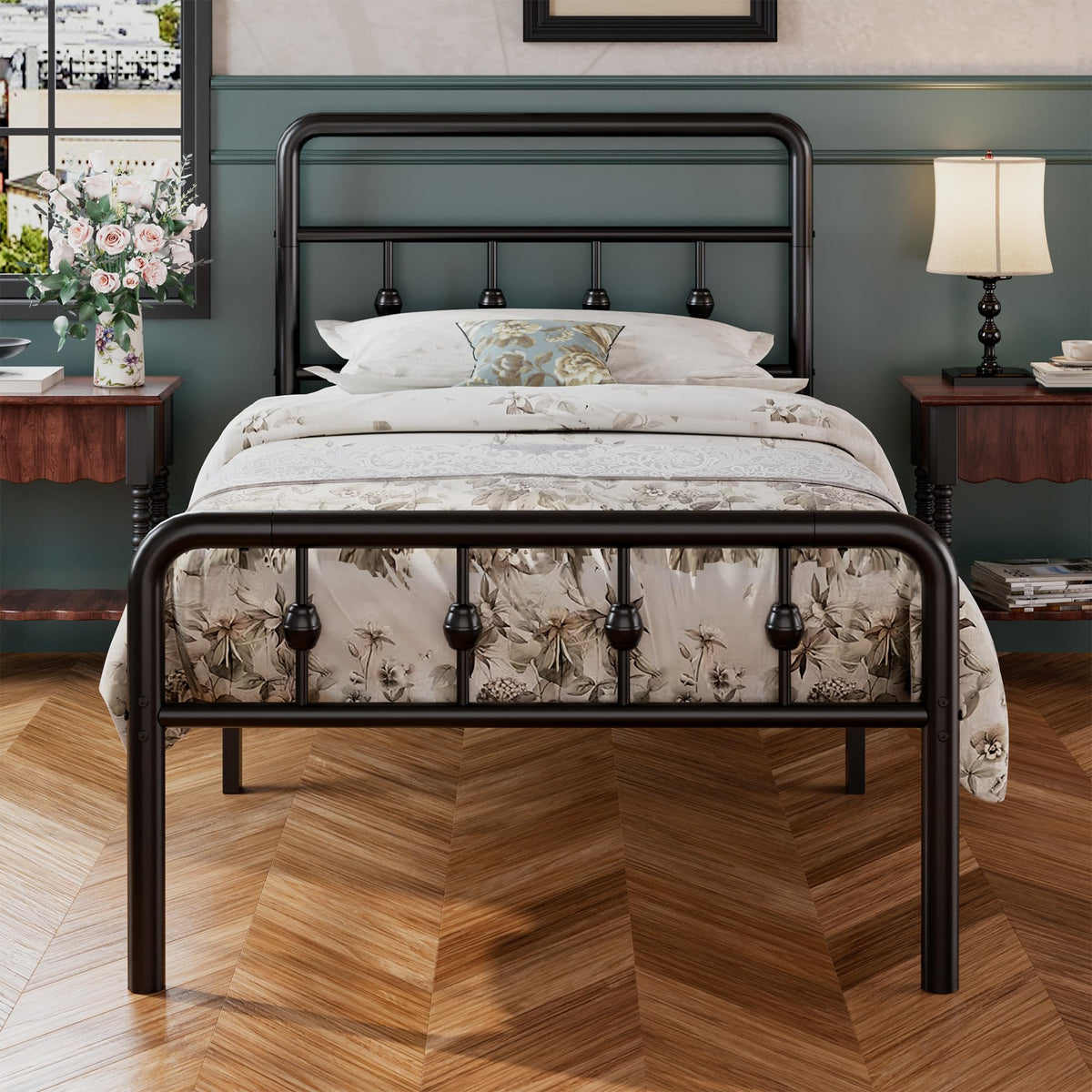 16 Inch Twin Metal Platform Bed with Headboard and Footboard K3318