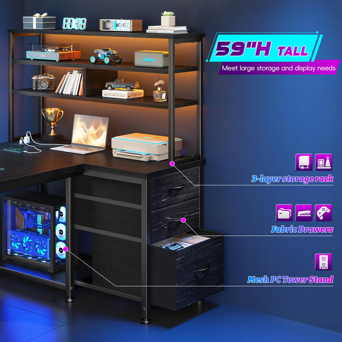 55" L Shaped Gaming Desk with 3 Fabric Drawers & Shelves R3054