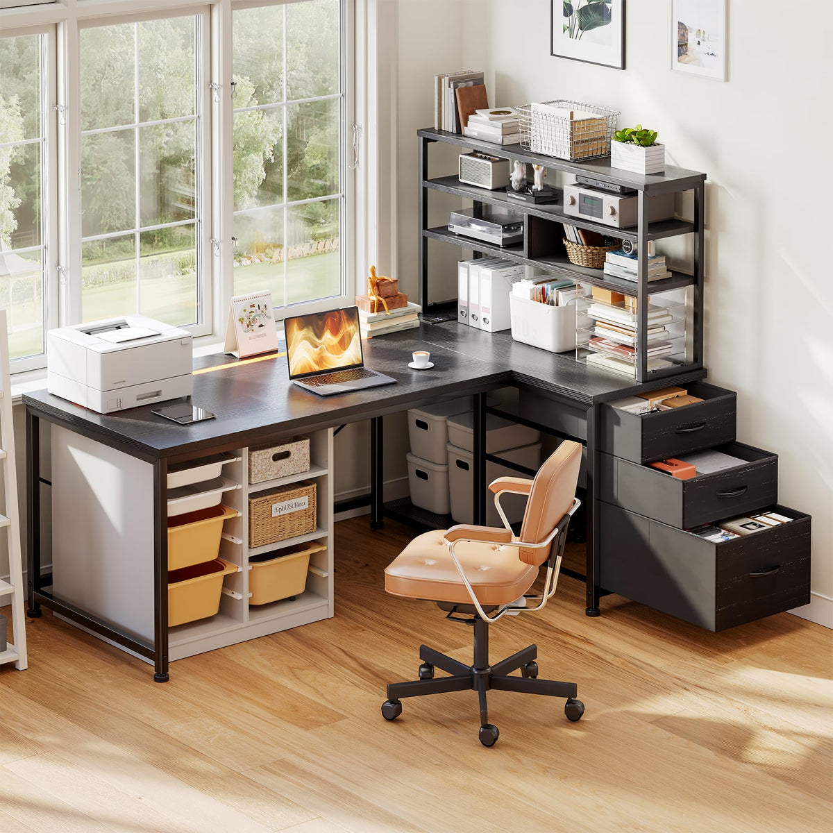55" L Shaped Gaming Desk with 3 Fabric Drawers & Shelves R3054