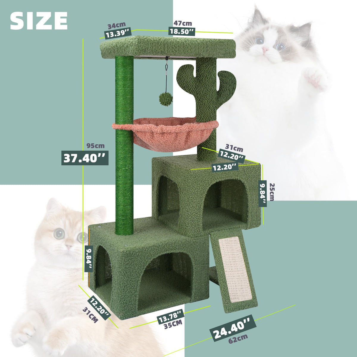37.4" Green Cactus Cat Tree with Cat Condos and Scratching Post O29644