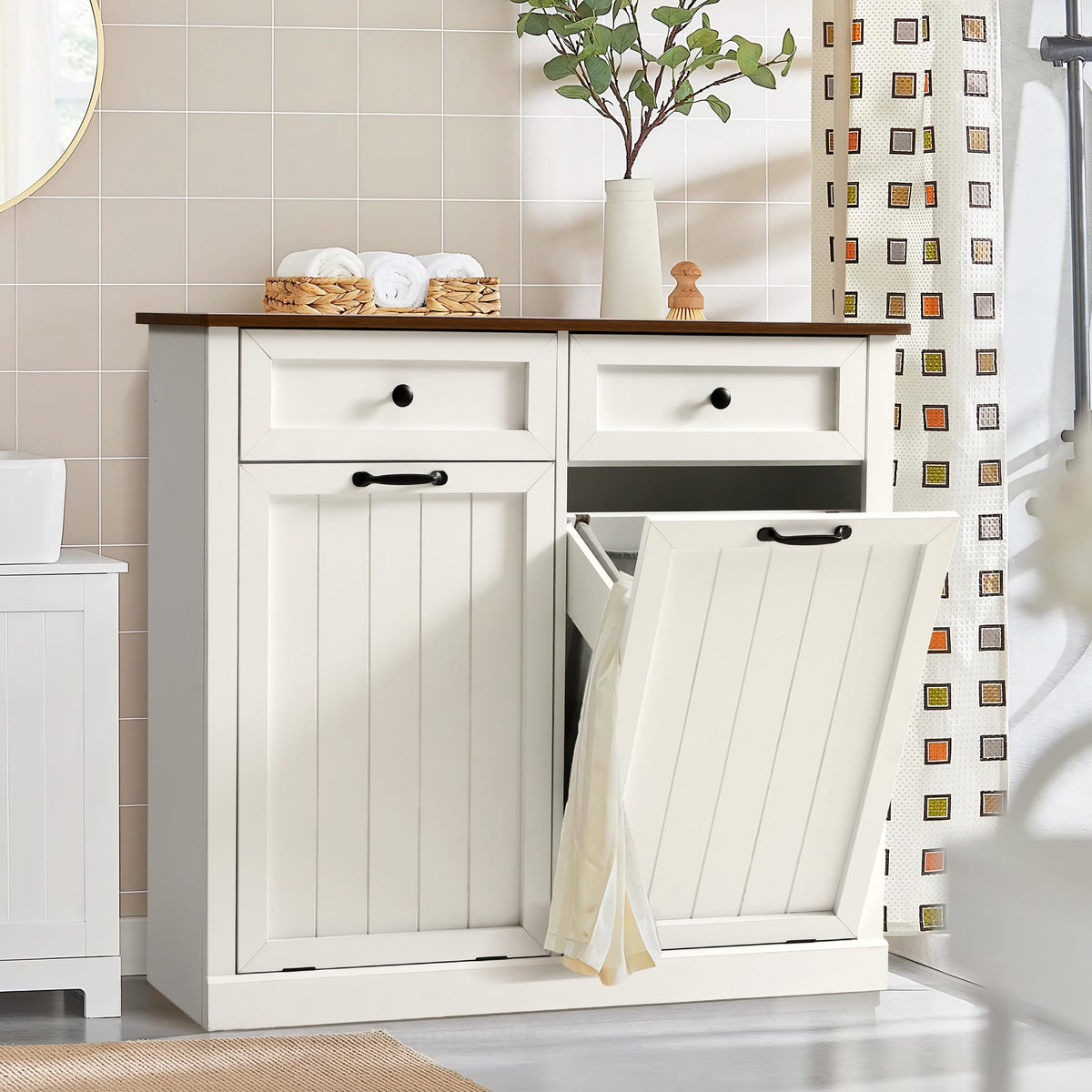 Double Laundry Hamper Cabinet with 2 Drawer X79559