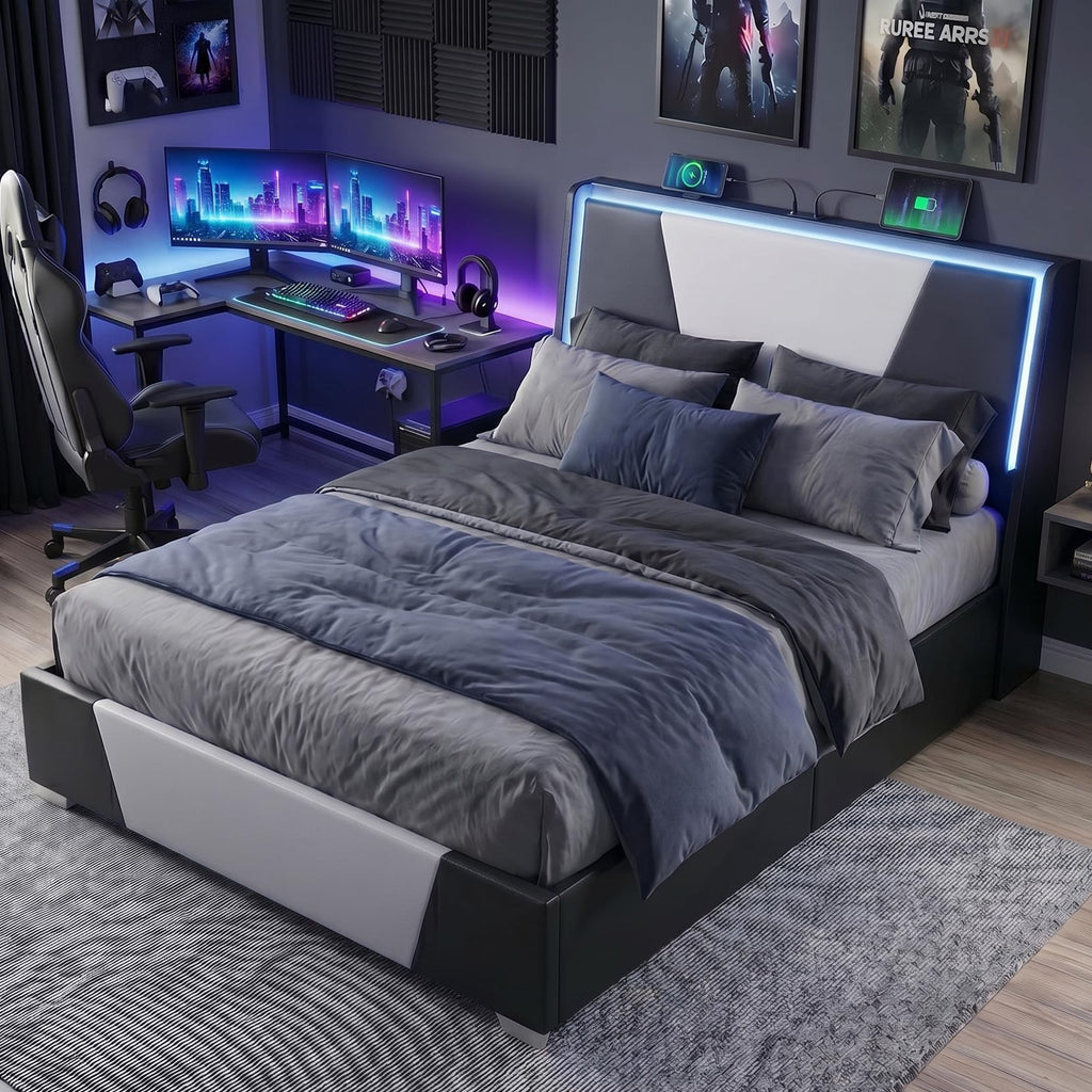 Full Size Bed Frame with Led Lights and 4 Storage Drawers W20882