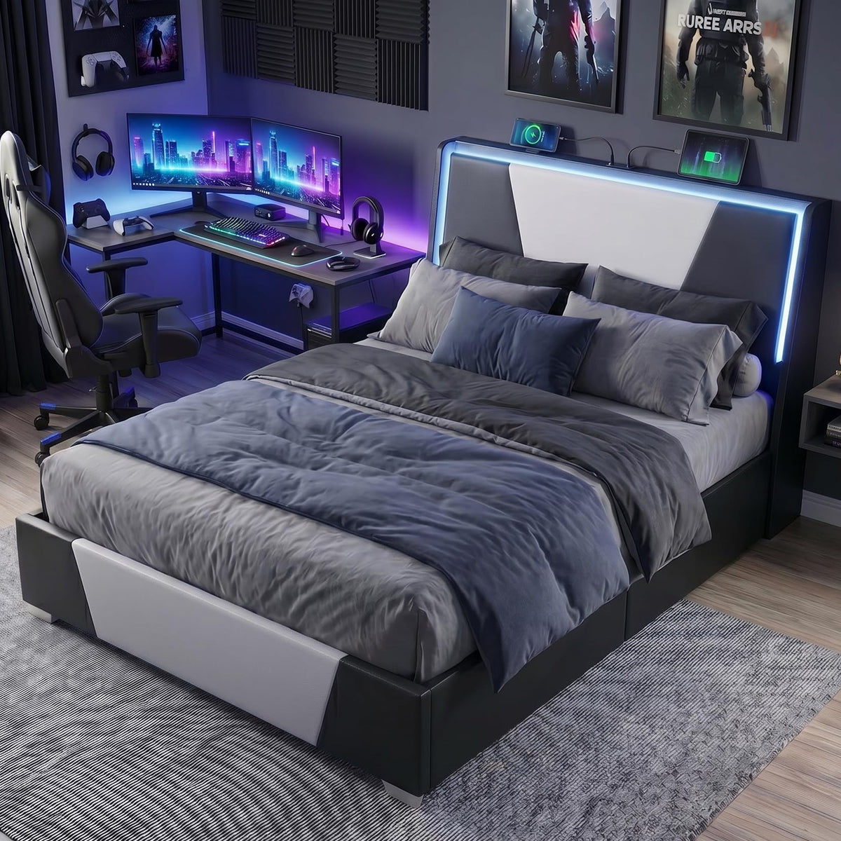 Full Size Bed Frame with Led Lights and 4 Storage Drawers W20882