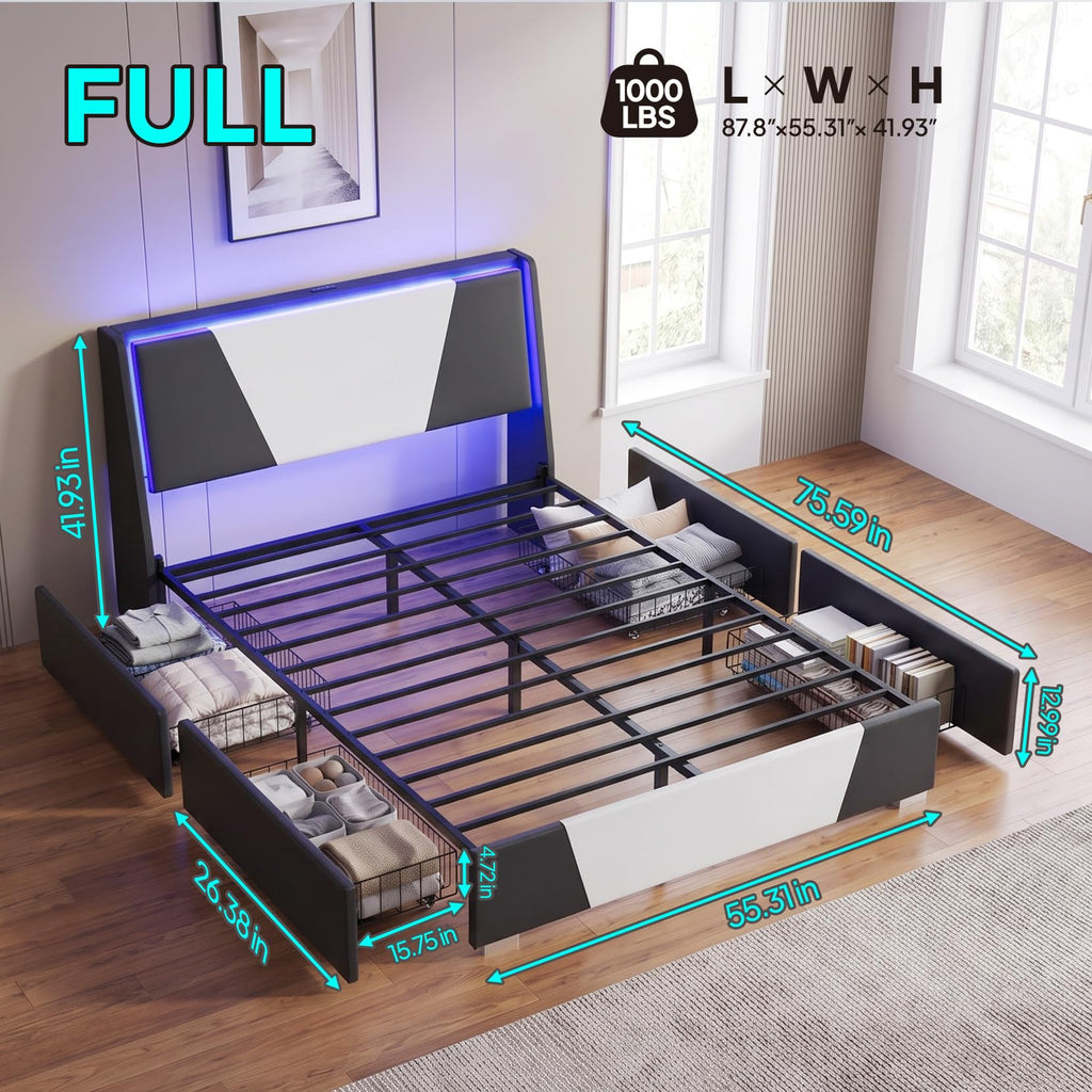 Full Size Bed Frame with Led Lights and 4 Storage Drawers W20882