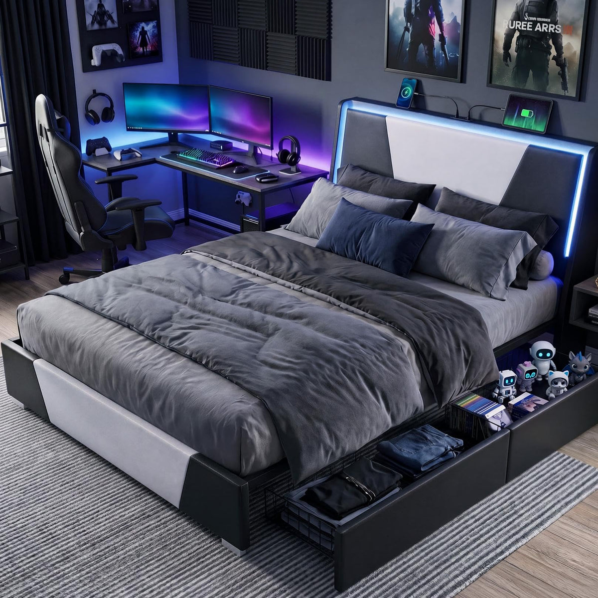 Full Size Bed Frame with Led Lights and 4 Storage Drawers W20882
