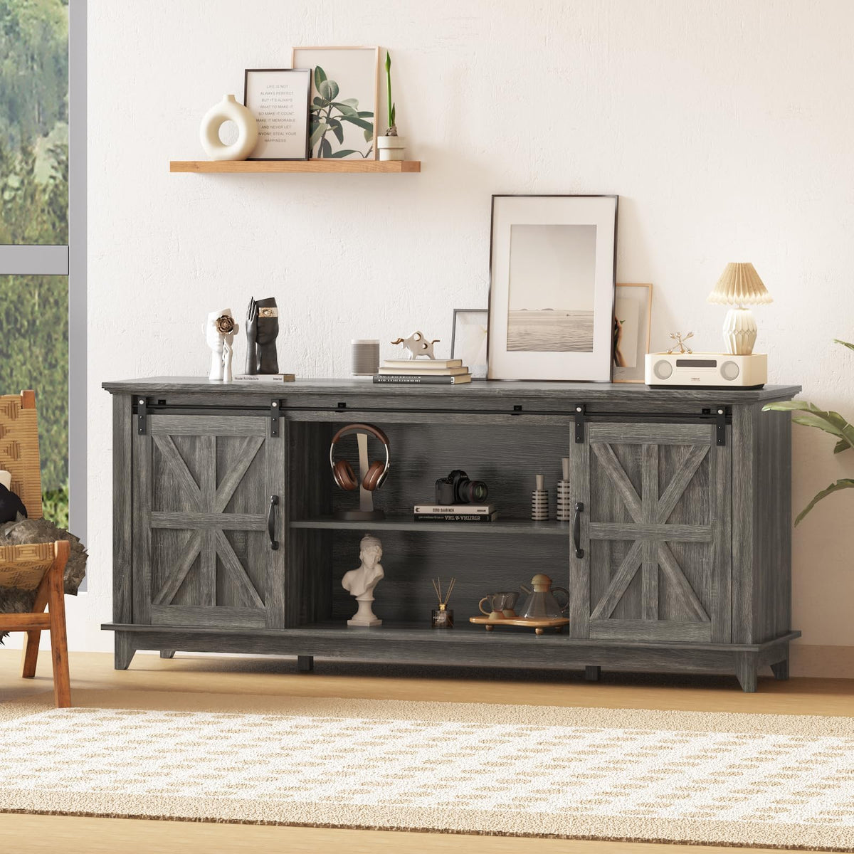 Farmhouse TV Stand Cabinet for 75" Television with Adjustable Shelf & Sliding Barn Doors M82887