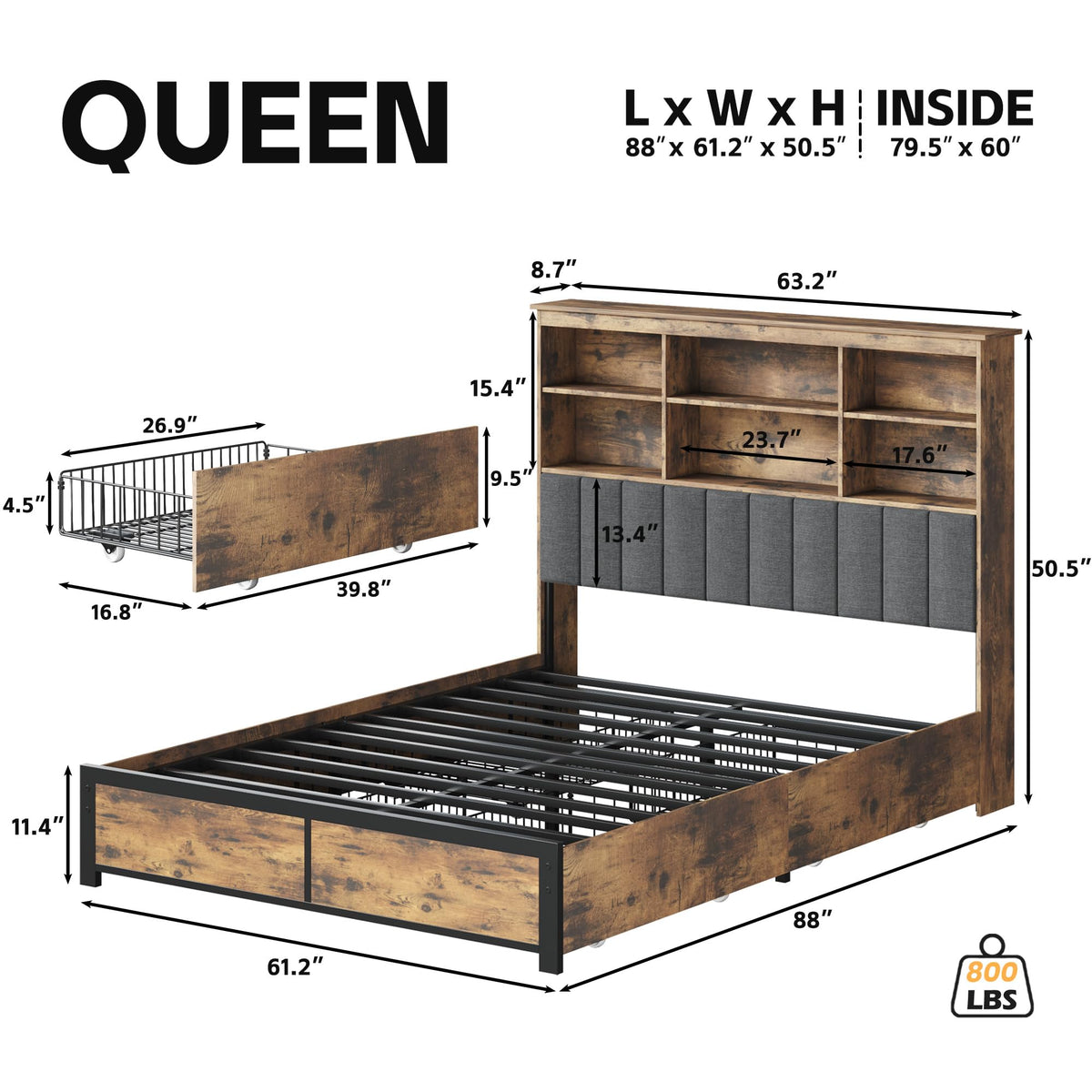 Queen Bed Frame with Headboard, Wood Bed Frame with Storage R31886