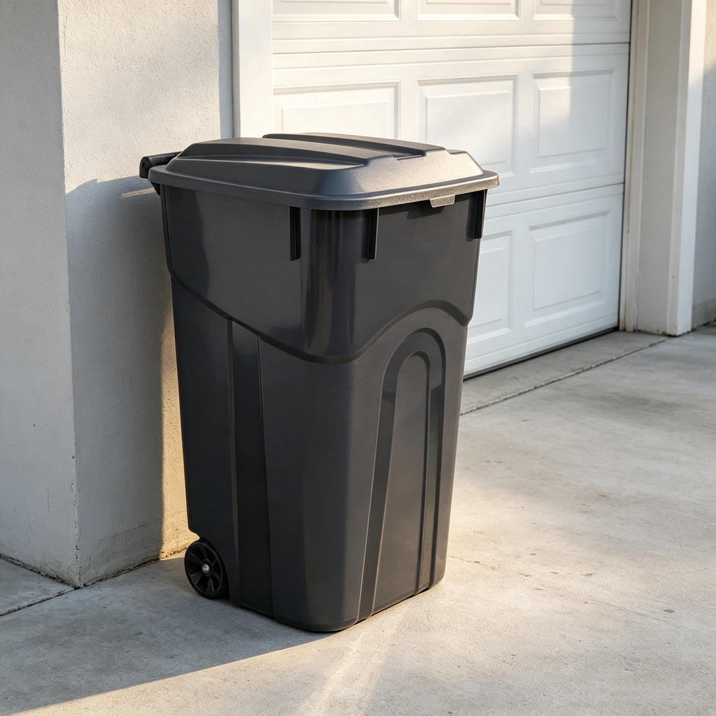 32 Gallon Black Plastic Wheeled Trash Can with Lid C388144
