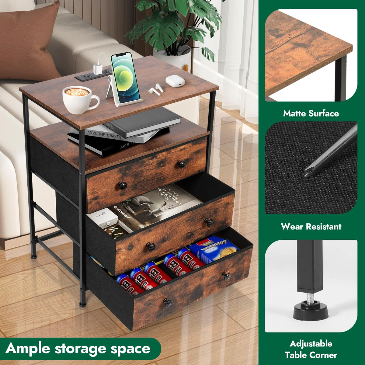3-Drawer LED Nightstand with Charging Station A1030