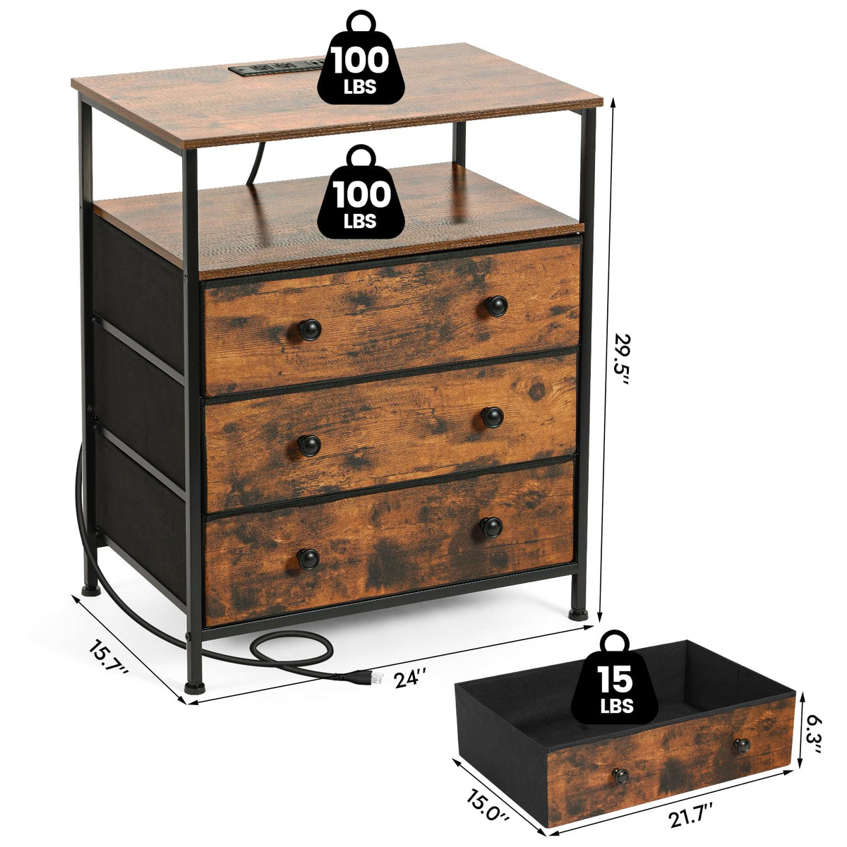 3-Drawer LED Nightstand with Charging Station A1030