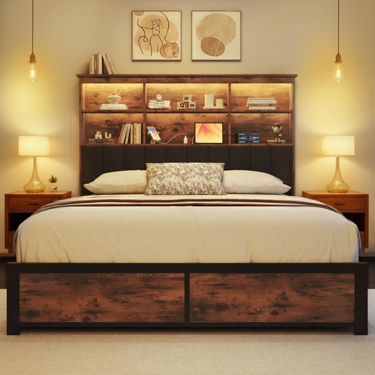 Queen Bed Frame with Headboard, Wood Bed Frame with Storage R31886