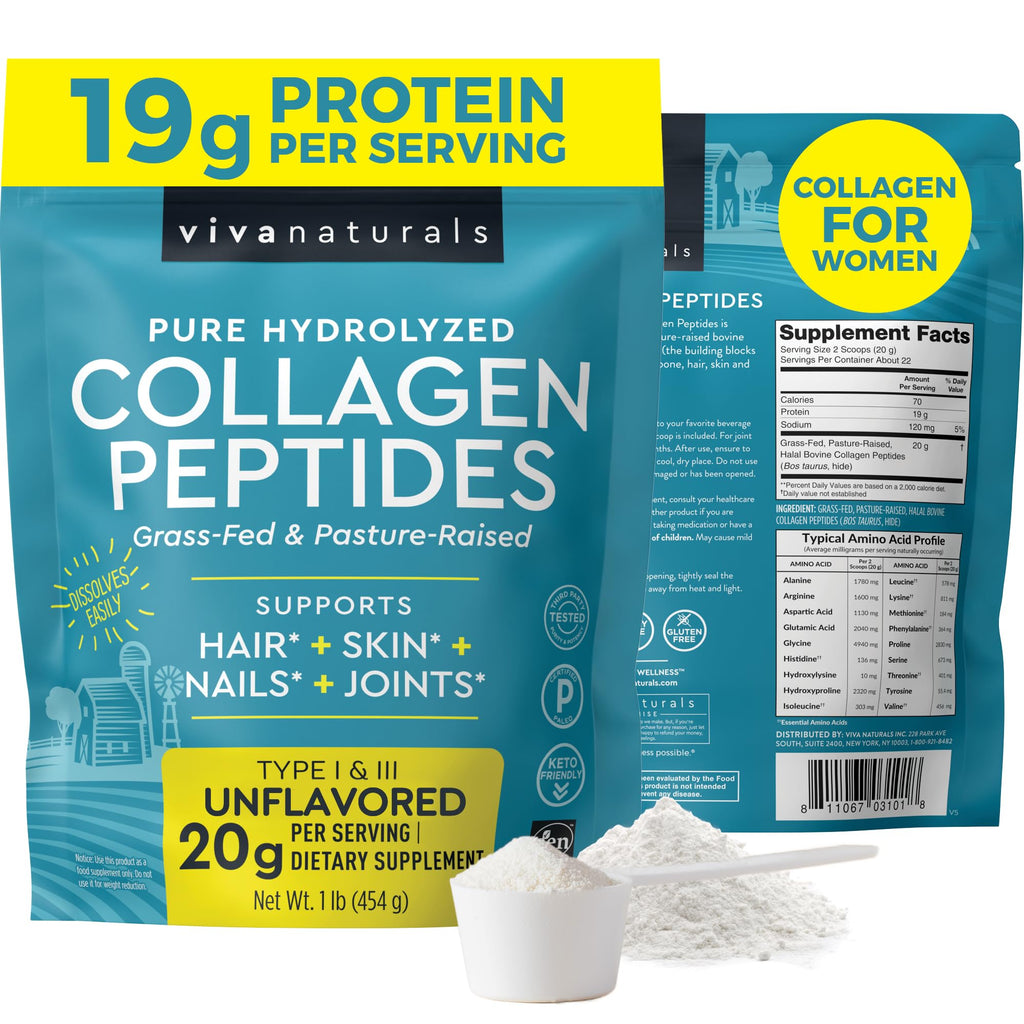 Collagen Peptides Powder - Grass-Fed Hydrolyzed Bovine, Type I & III - 19 g Protein, Unflavored - 1lb G98771