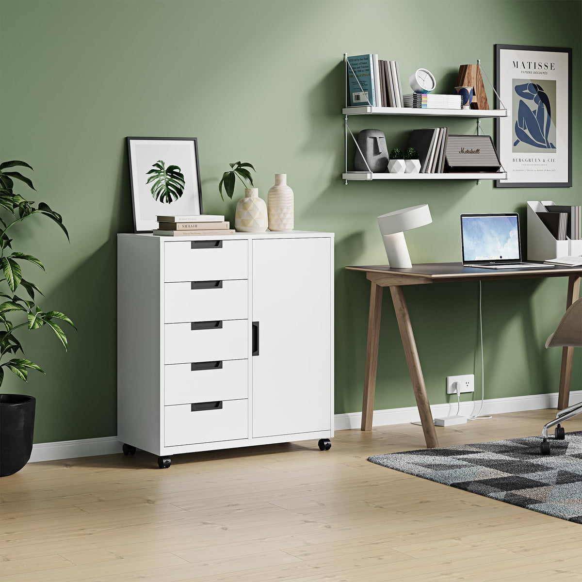 White 5 Drawer Storage Cabinet with Shelves and Door Y8068