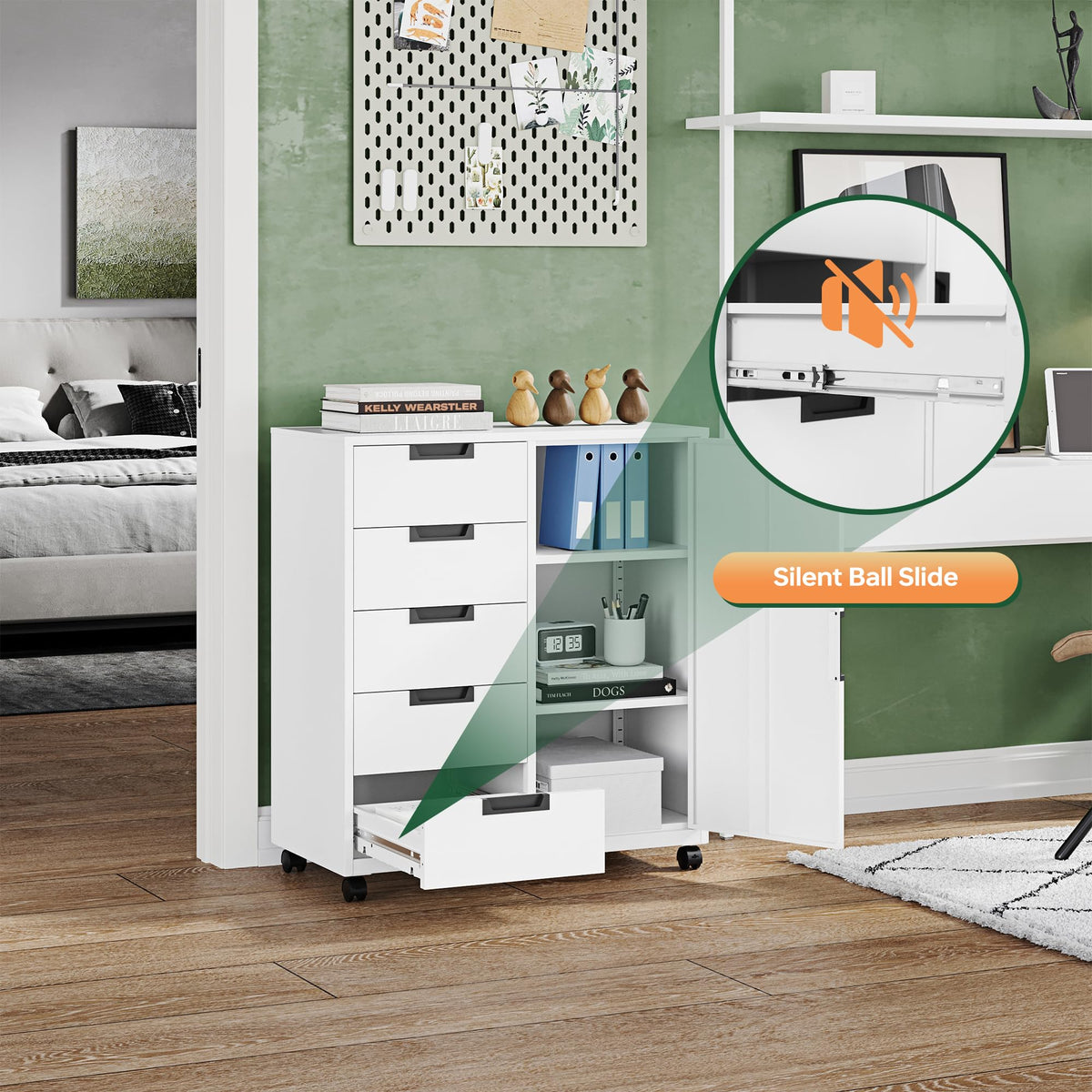 White 5 Drawer Storage Cabinet with Shelves and Door Y8068