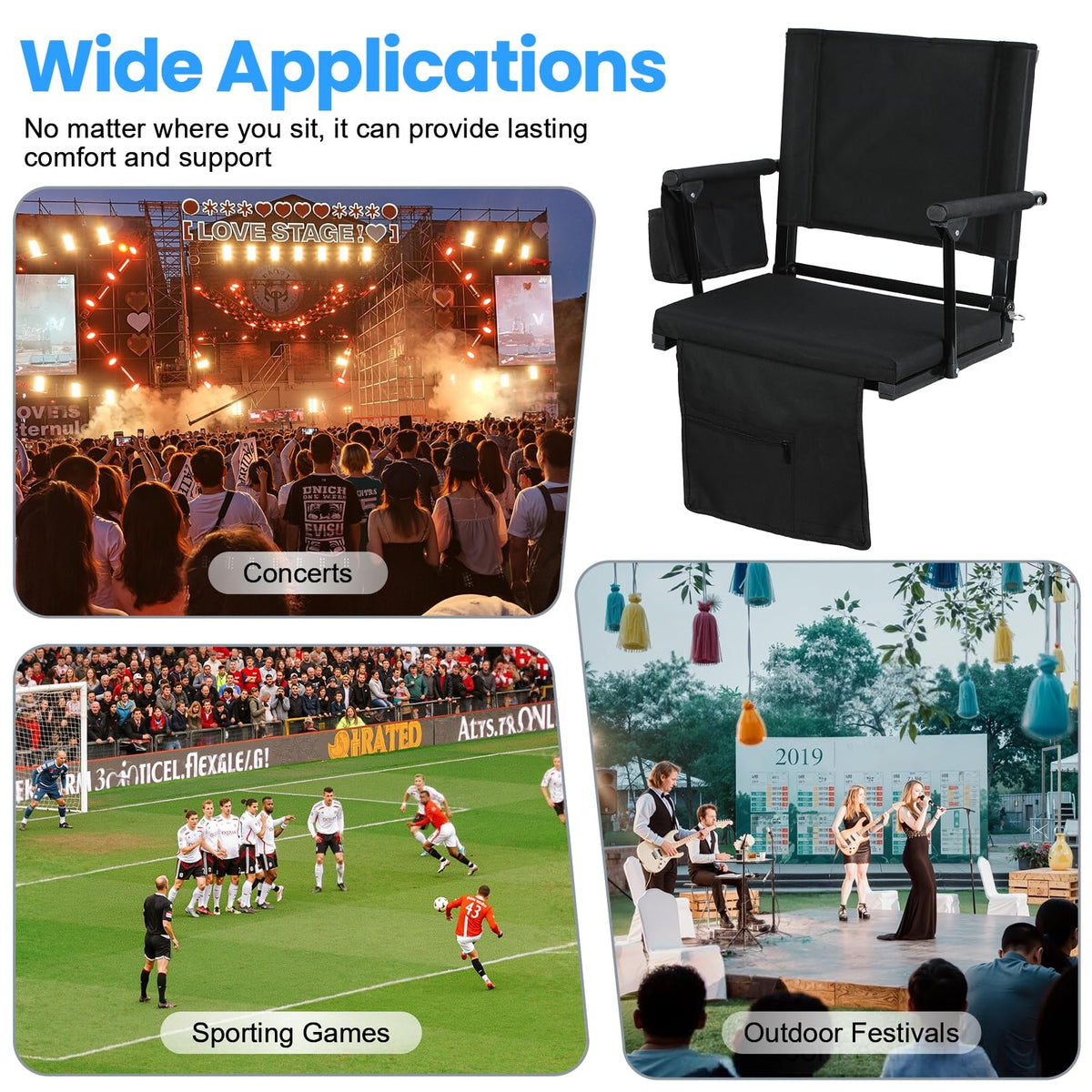 2 Pcs Folding Stadium Seats with Back Support & Cushion Q1683