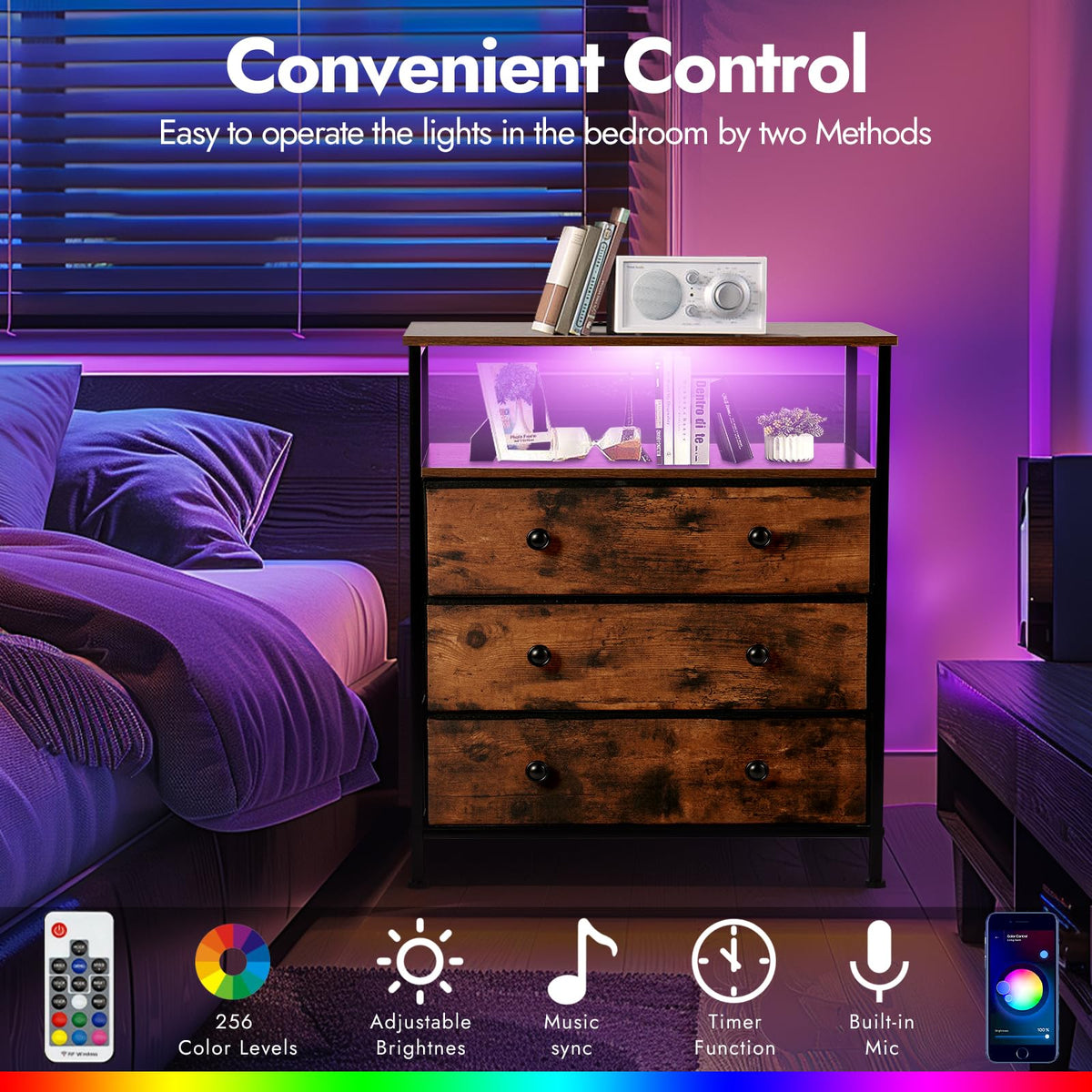 3-Drawer LED Nightstand with Charging Station A1030