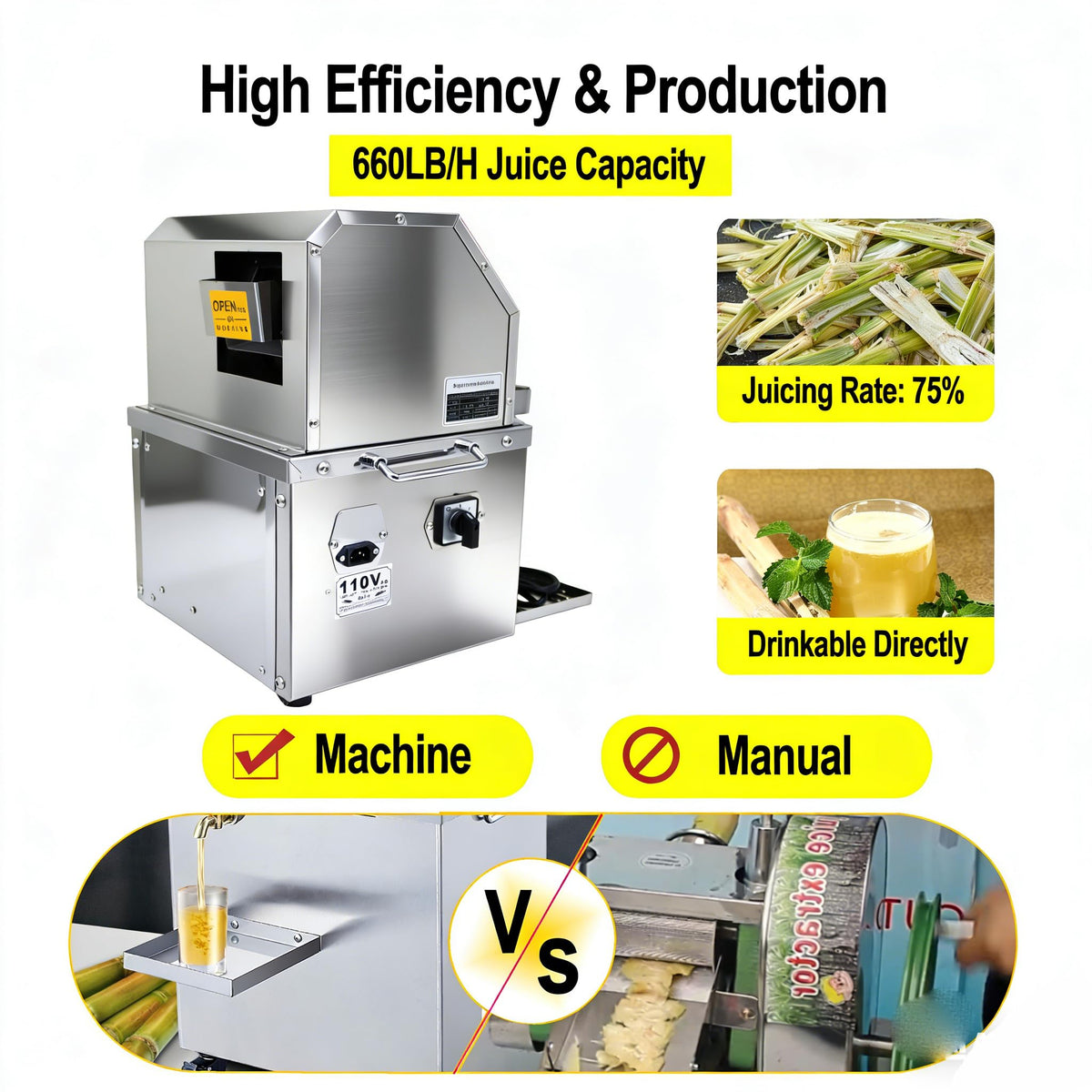 110V 800W Stainless Steel Electric Sugar Cane Juicer Machine J21404