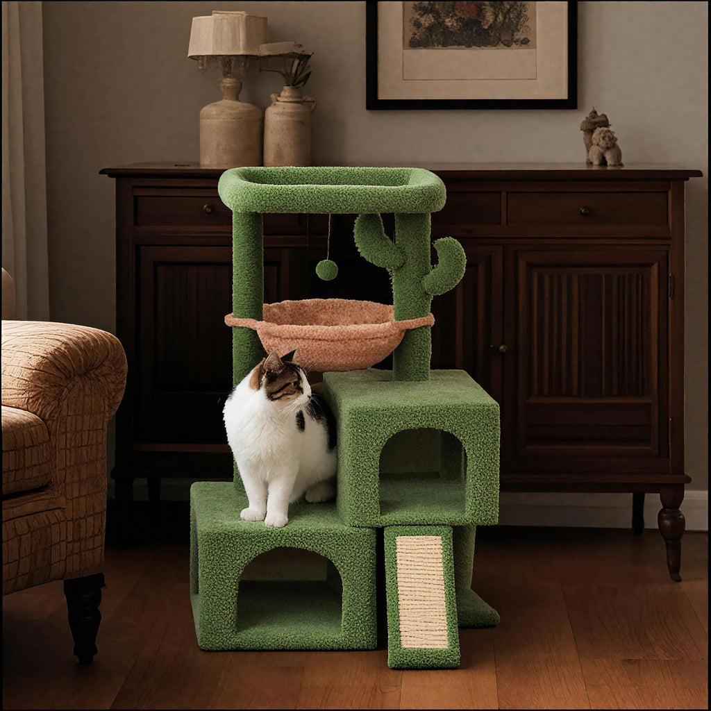 37.4" Green Cactus Cat Tree with Cat Condos and Scratching Post O29644