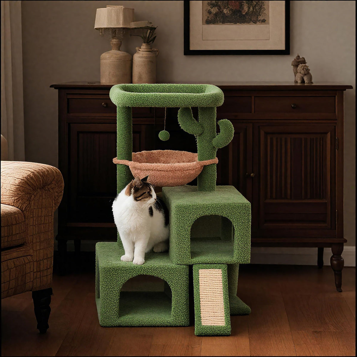 37.4" Green Cactus Cat Tree with Cat Condos and Scratching Post O29644