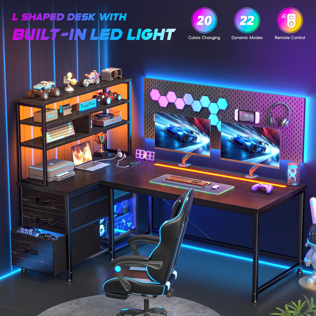 55" L Shaped Gaming Desk with 3 Fabric Drawers & Shelves R3054
