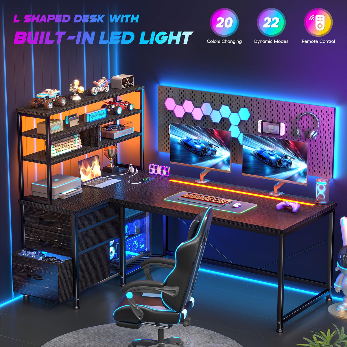 55" L Shaped Gaming Desk with 3 Fabric Drawers & Shelves R3054
