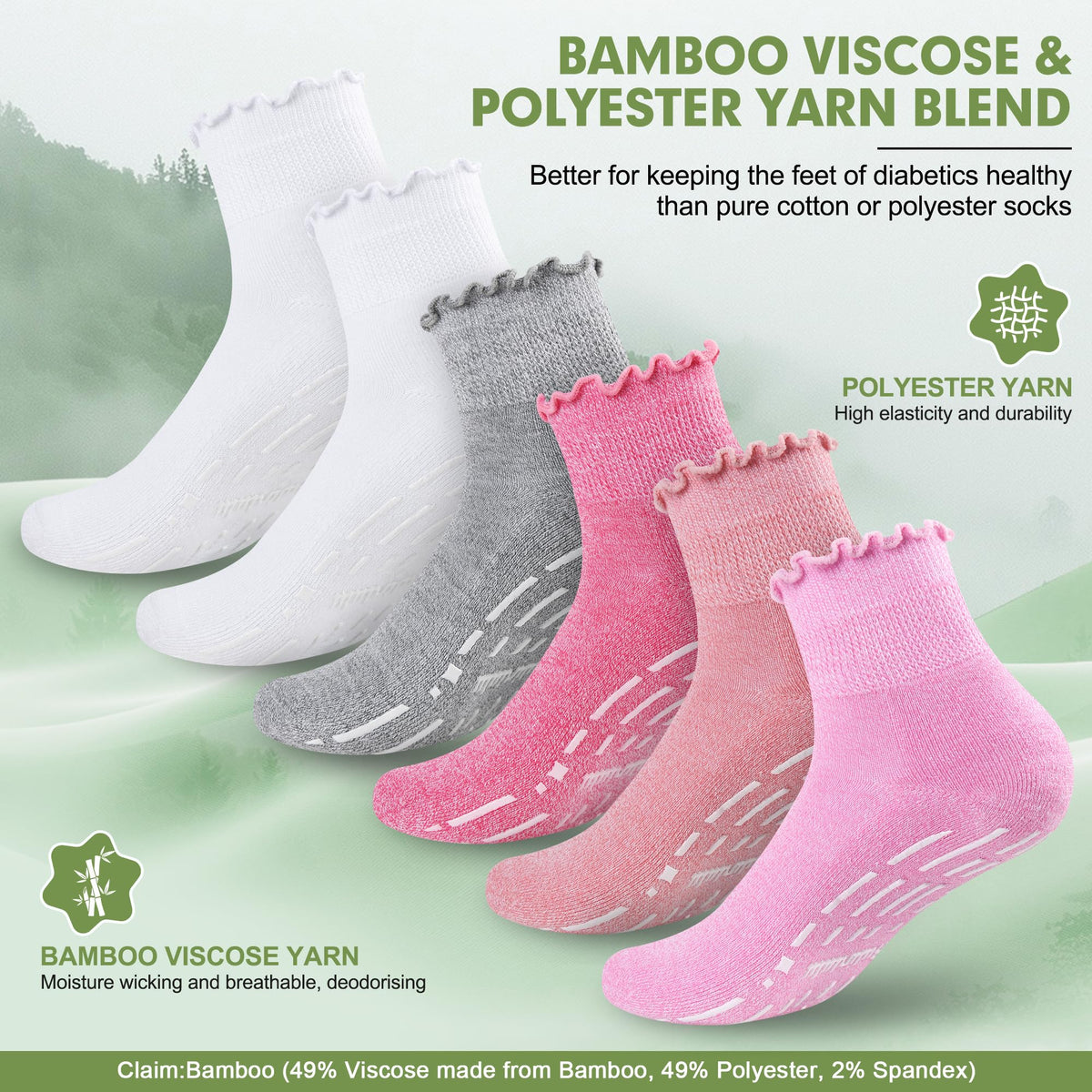 Non Slip Diabetic Socks for Women 6 Pairs Size 9-11 G815
