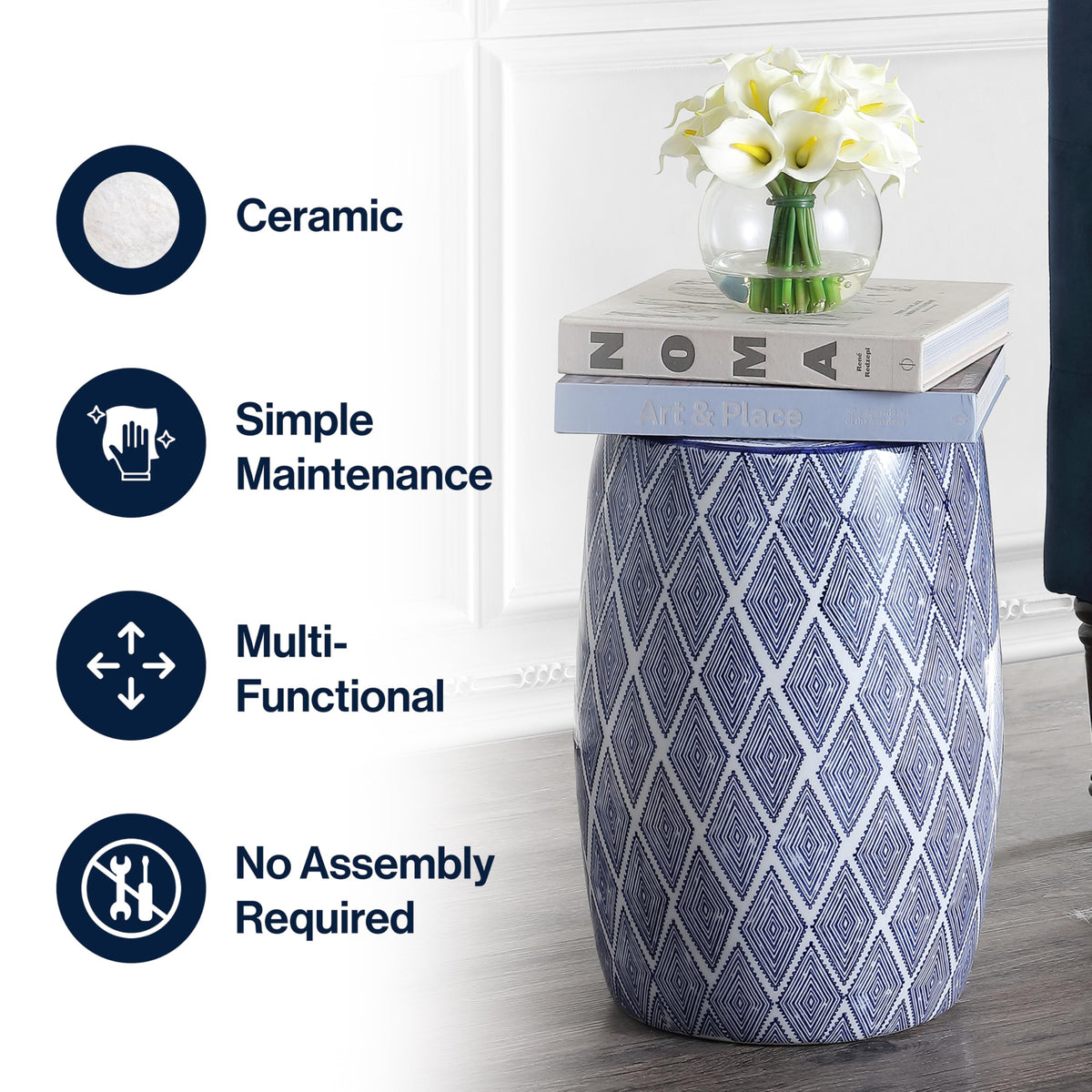 Blue White Ceramic Garden Stool W481333