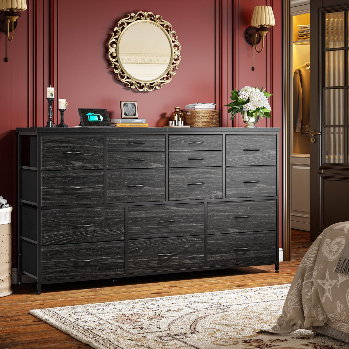 Black Dresser with 16 Fabric Drawers Q402188