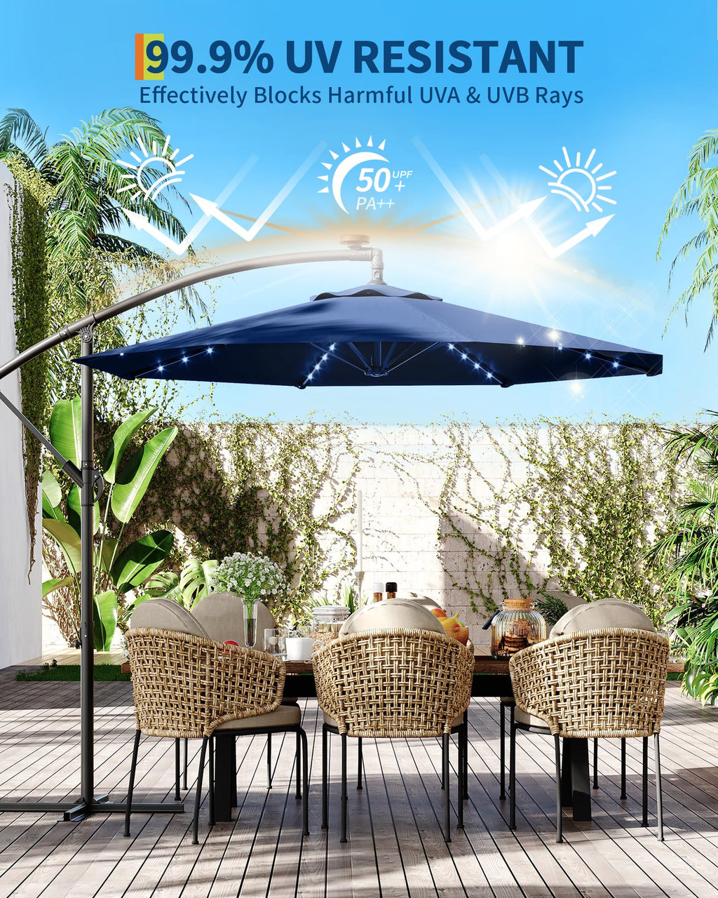 10 ft Solar Light Patio Umbrella with Crank Lift and Cross Base H989