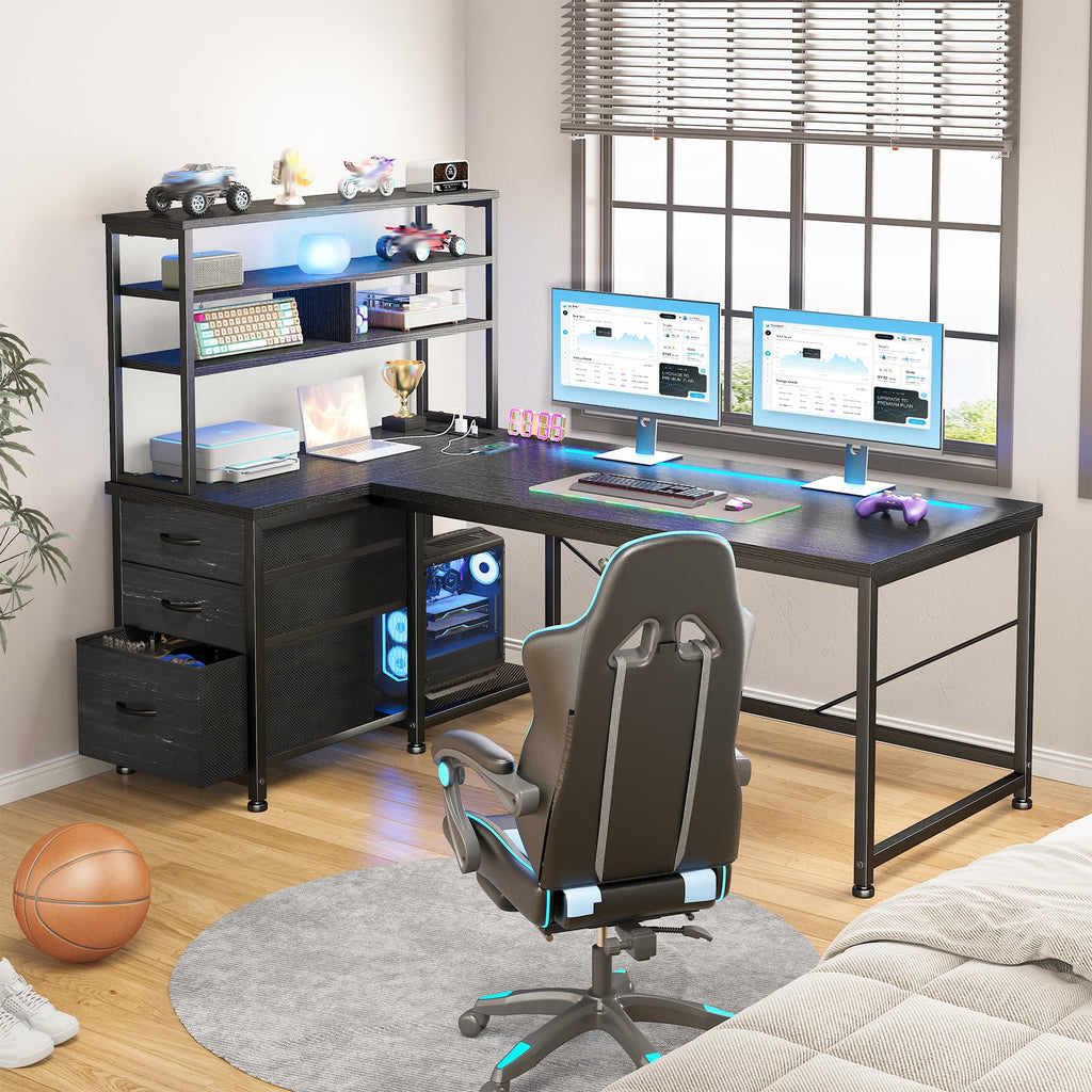 55" L Shaped Gaming Desk with 3 Fabric Drawers & Shelves R3054